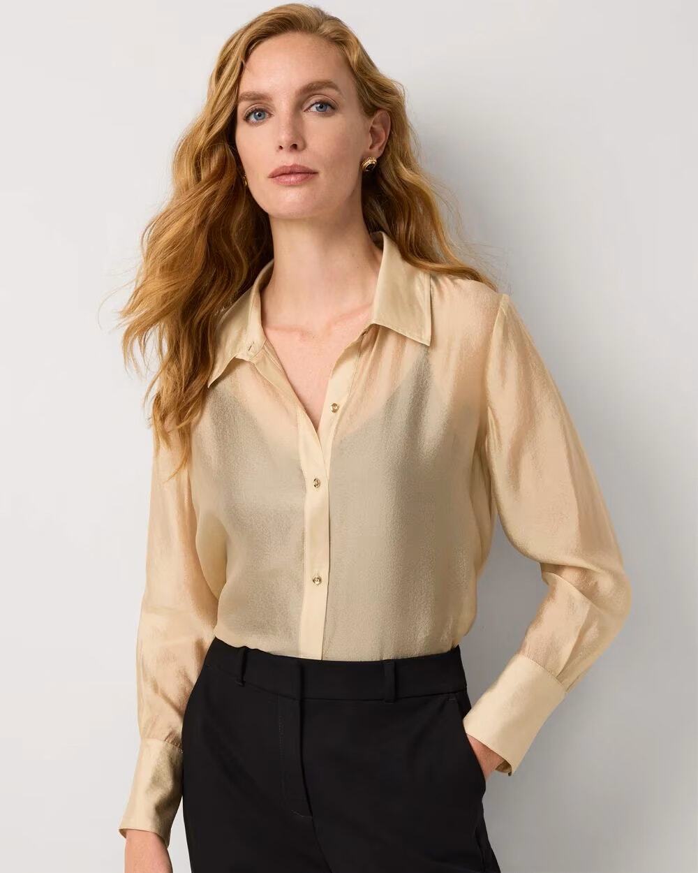 NEW White House Black Market Sheer Shirt Beige Mesh Shine Long Sleeve Button XS